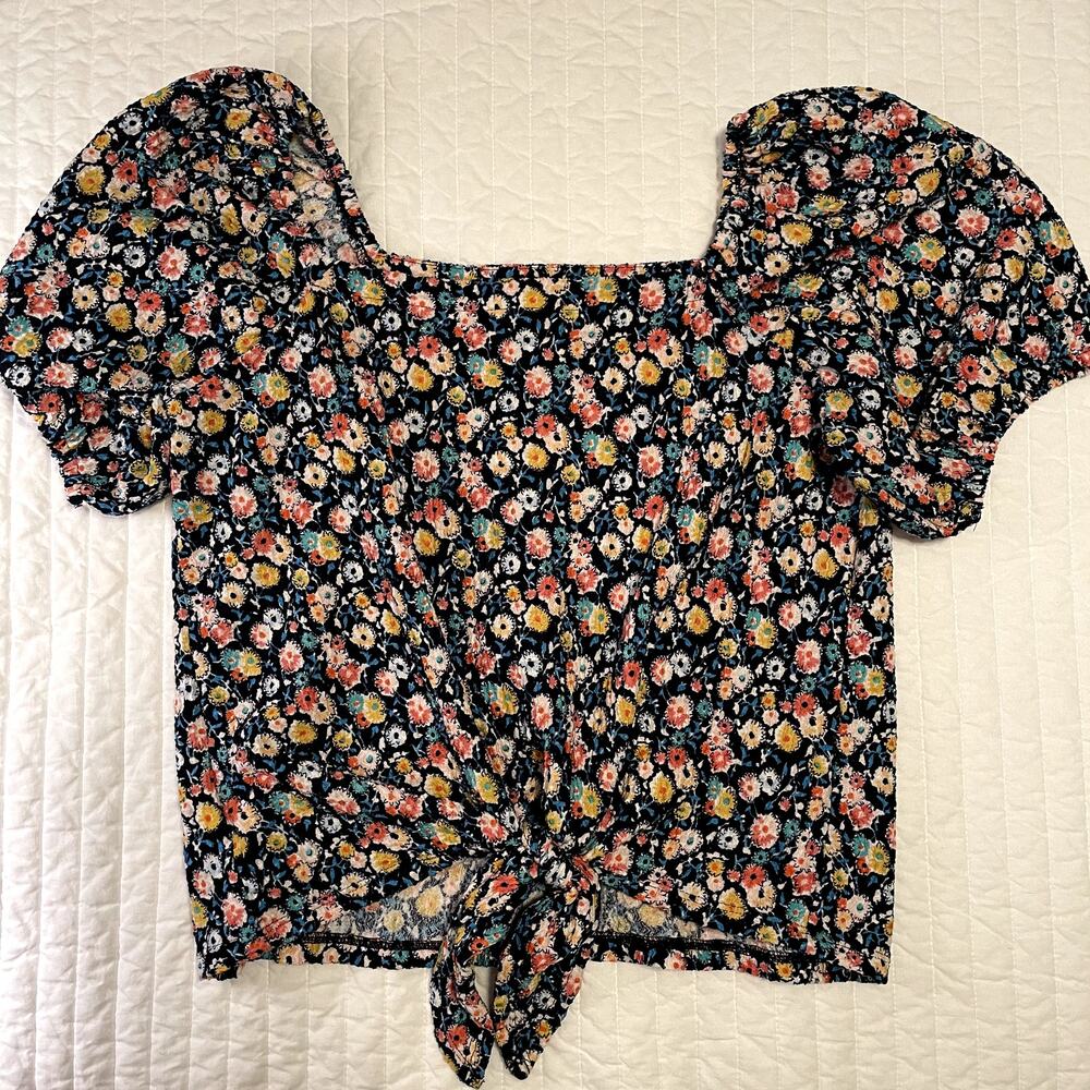 Loft Floral Tie Front Square Neck Short Sleeve Top Womens Medium